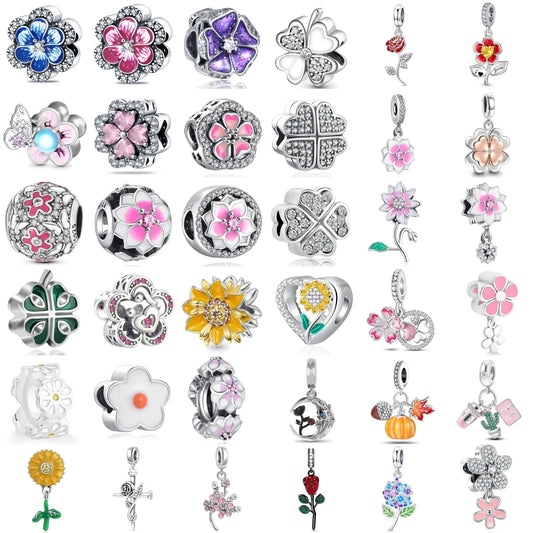 925 Sterling Silver Charm Beads for Women Bracelet - Four-Leaf Clover and Sunflower Design