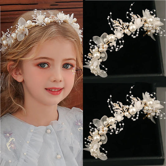 Girls Bridal Pearl Crystal Hair Headdress Flower Wreath Wedding Headband