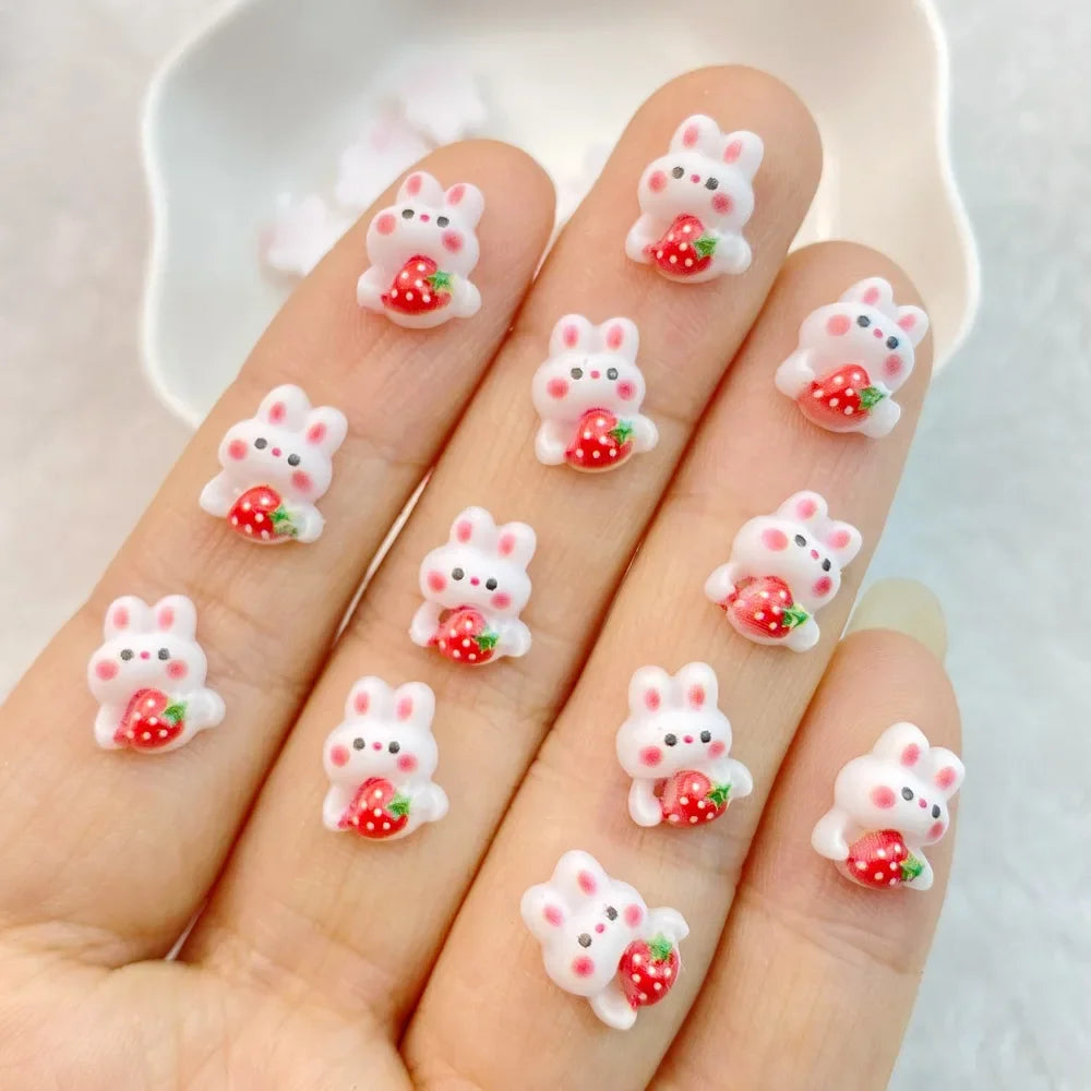 Charming Strawberry Rabbit Nail Art Decorations Set Resin 3D DIY Manicure Accessories 30 Pieces