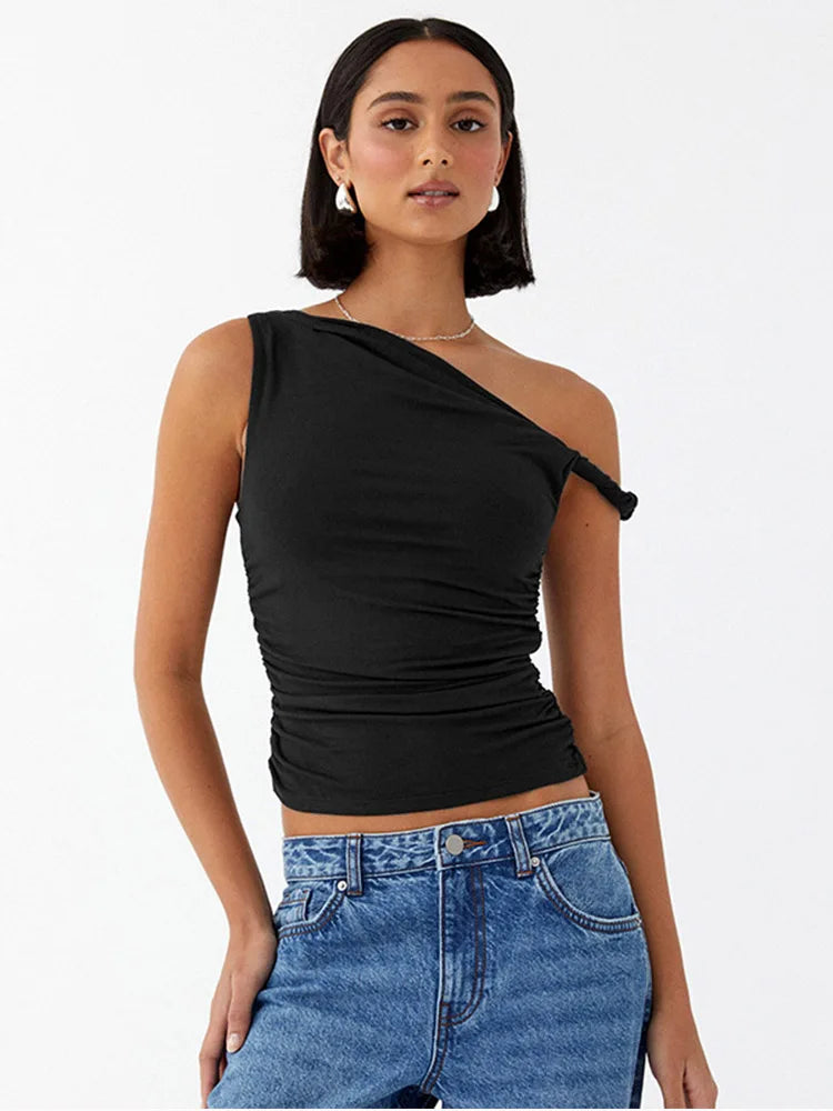 Off Shoulder Ruched Crop Top Women Summer Tank Solid Color