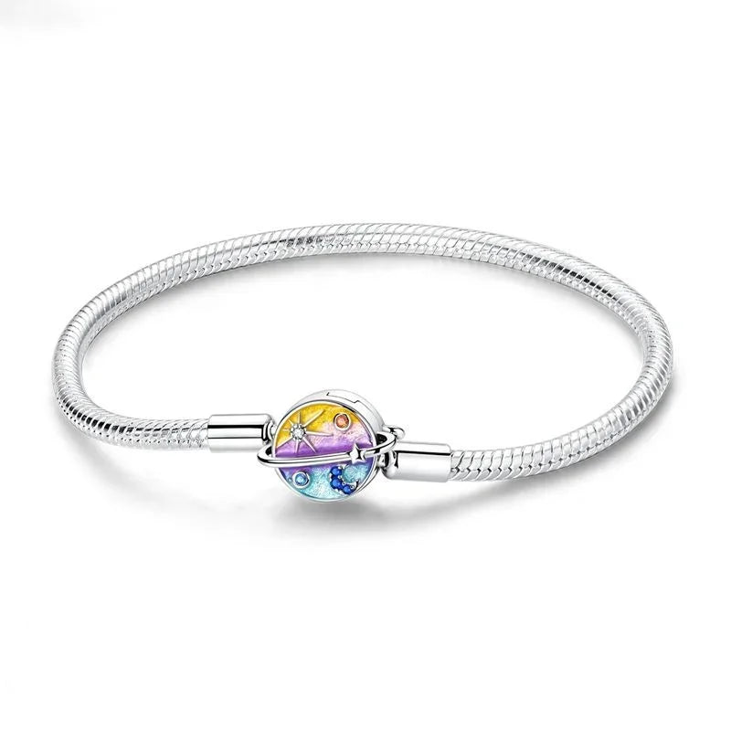 Sterling Silver 925 Star Clover Lotus Flower Snake Chain Bracelet for Women DIY Charm Jewelry Gift