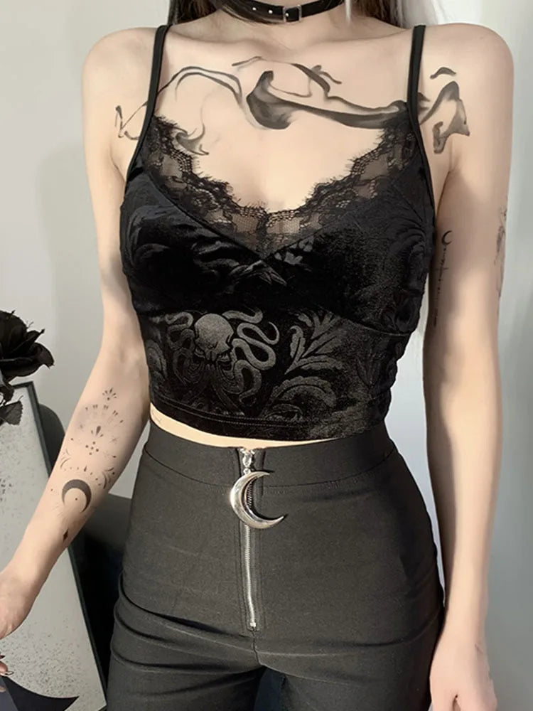 Womens Skeleton Print Crop Top Black Lace 90s Aesthetic