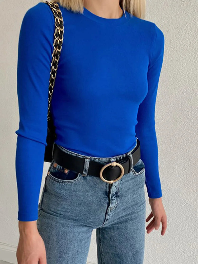 Green Ribbed Cropped Top for Women Chic Slim Long Sleeve
