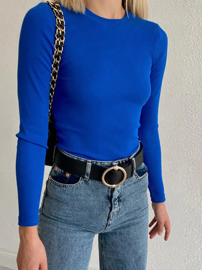 Green Ribbed Cropped Top for Women Chic Slim Long Sleeve