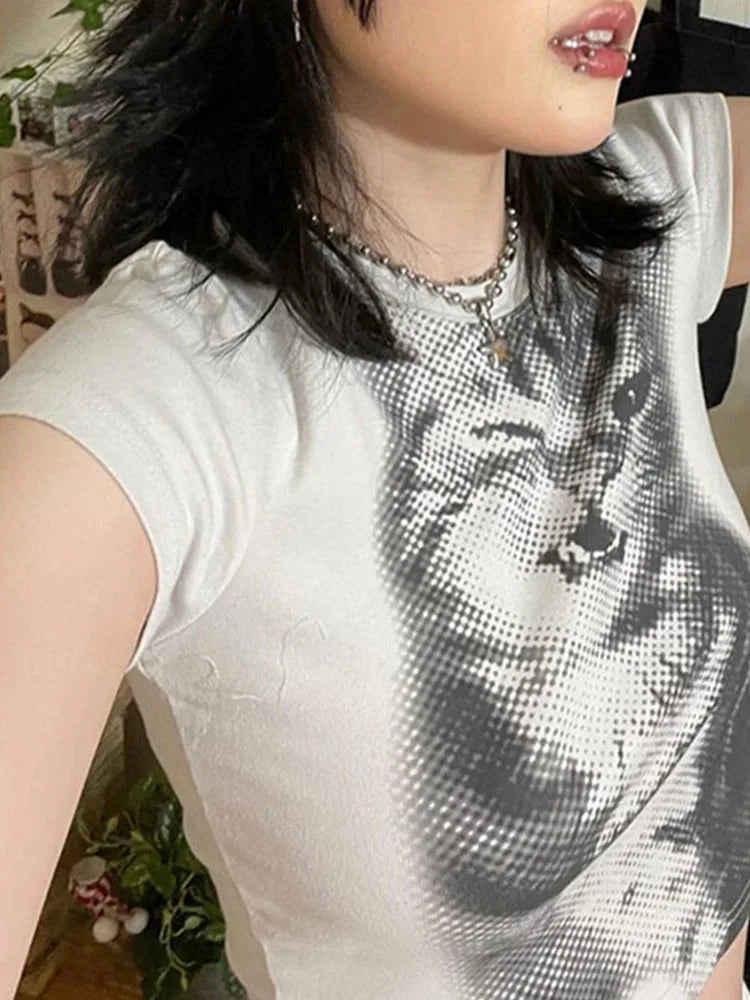Harajuku Animal Print Crop Top White Slim Crewneck Vintage