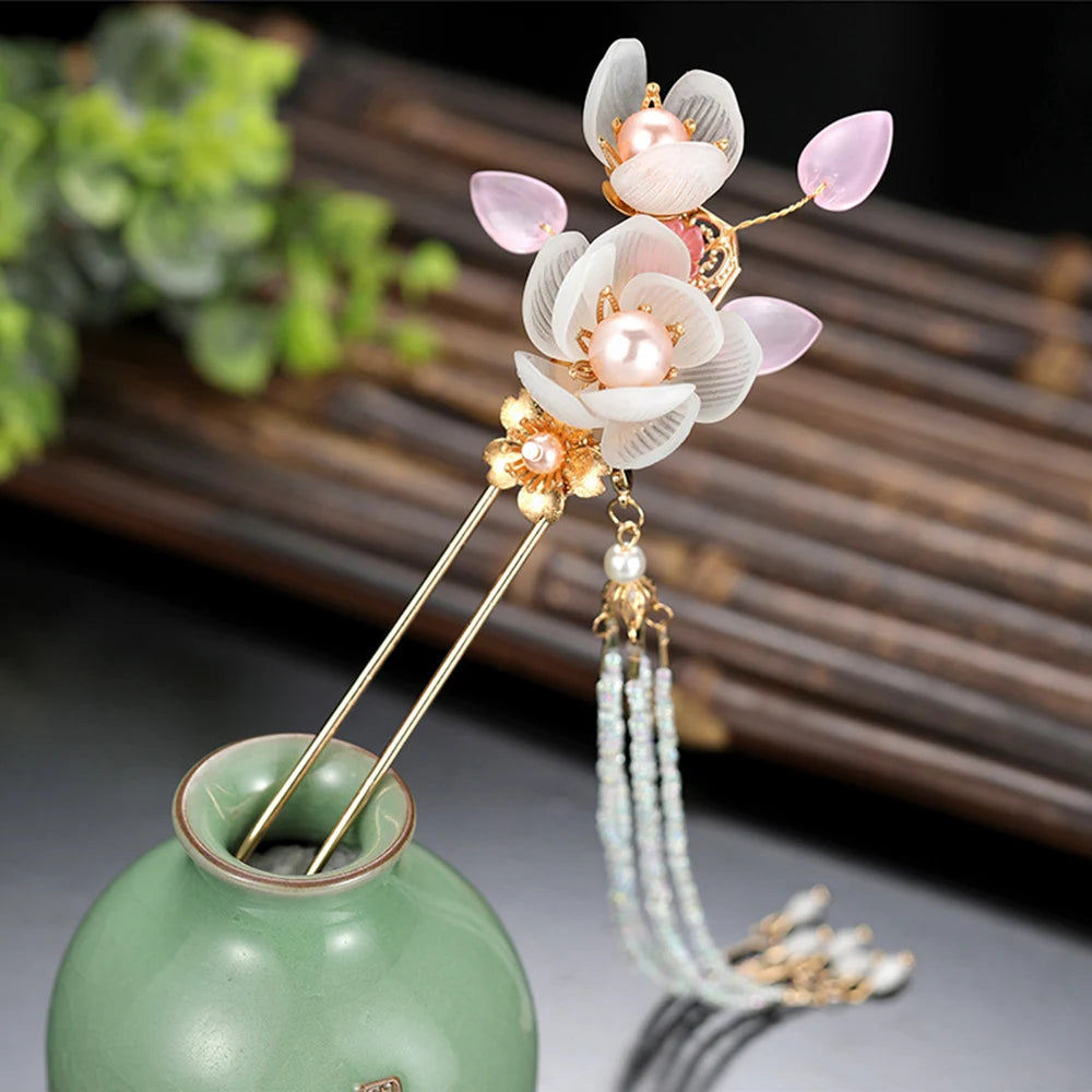 Elegant Gold Red Floral Pearl Long Tassel Hairpins Bridal Chinese Wedding Headpiece
