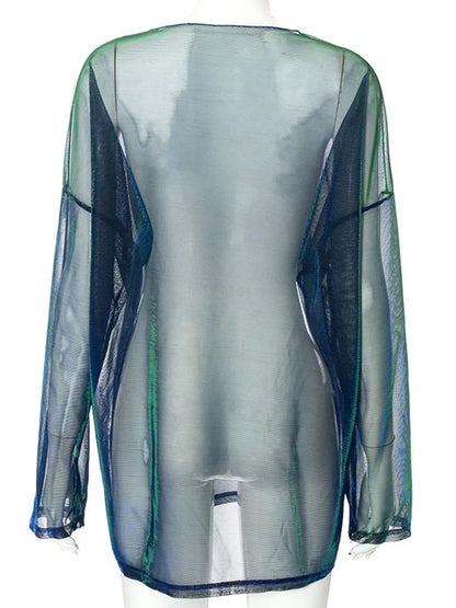Sheer Mesh Long Sleeve O Neck Tee Y2K EGirl Sexy Loose Fit