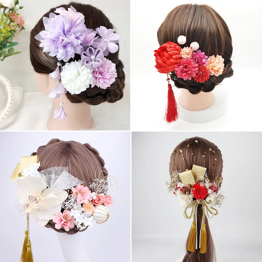 Japanese Handmade Fabric Flower Kimono Hairpin with Tassel for Weddings and Festivals