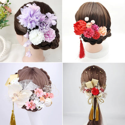 Japanese Handmade Fabric Flower Kimono Hairpin with Tassel for Weddings and Festivals