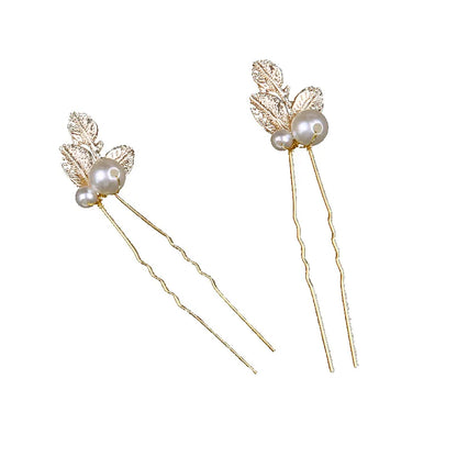 Golden Pearl Leaf Hairpins Set Bridal Wedding Accessories