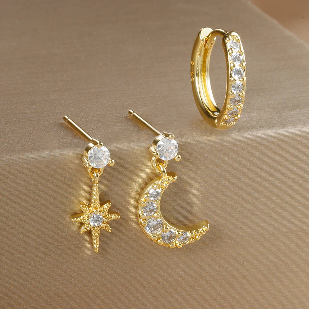 3PCS Luxury Star Pendant Earrings Set for Women Stainless Steel and Cubic Zirconia Punk Ear Studs Fashion Jewelry