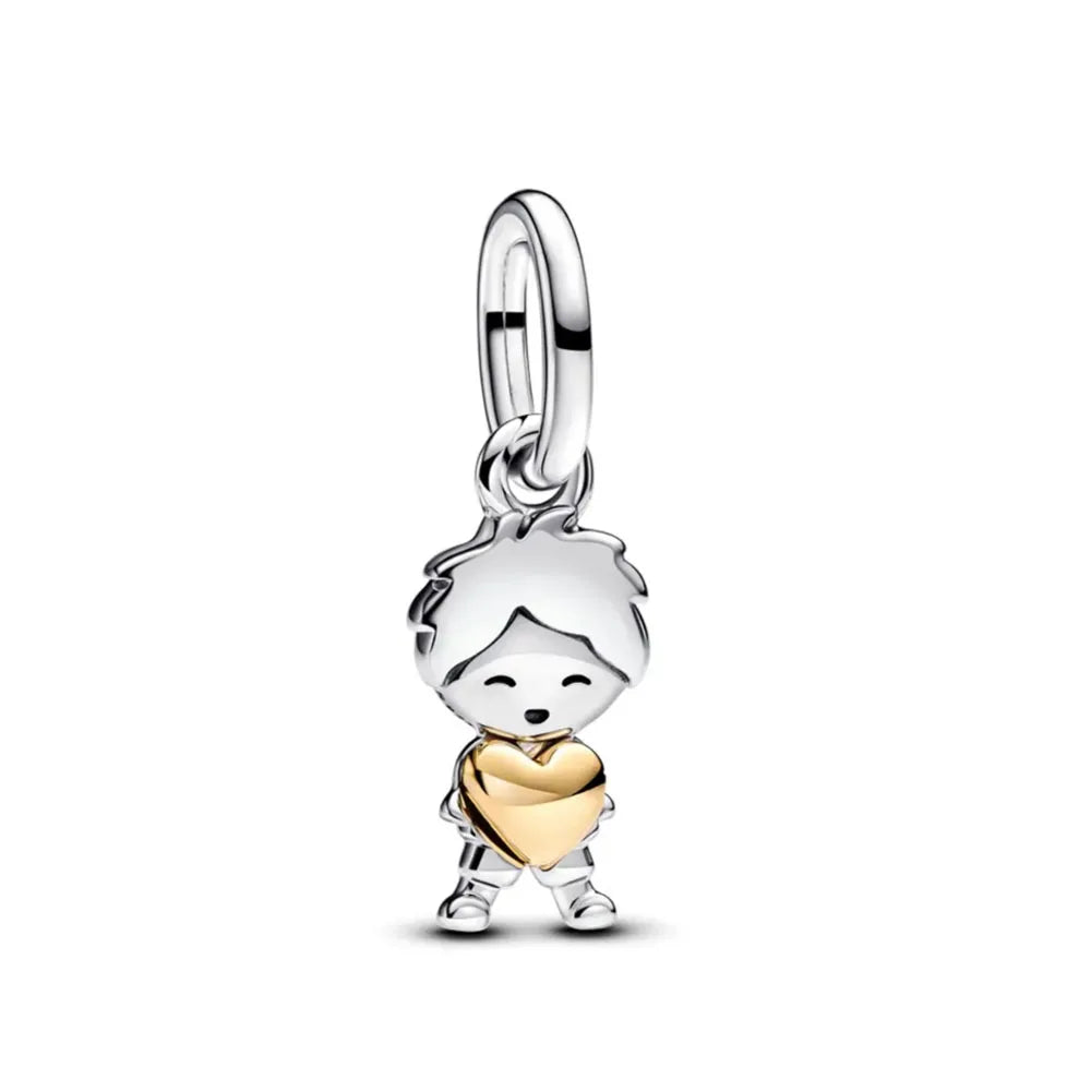 Exquisite 925 Silver Heart-Shaped Pendant with Bow and Moon Beads for DIY European Bracelets