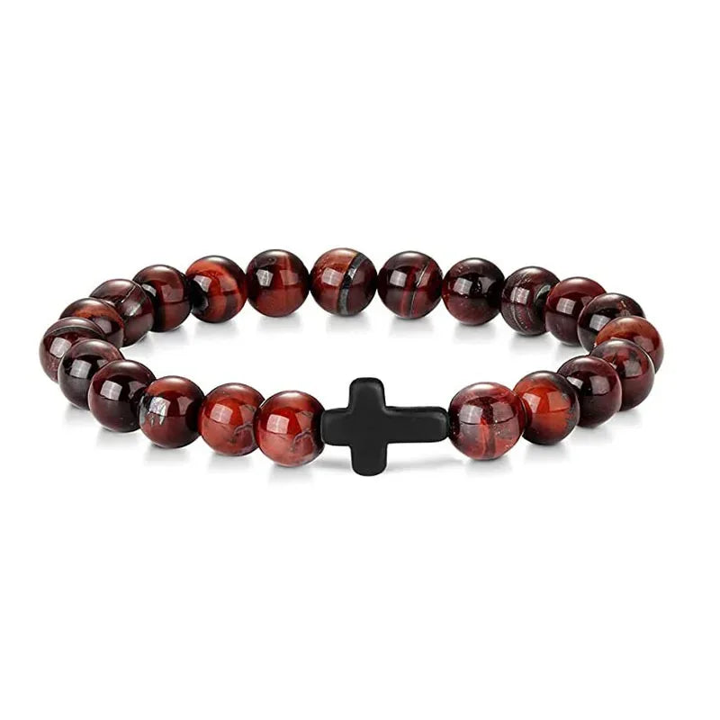 Men's Hematite Cross Bracelet with Natural Stone and Wood Beads for Meditation and Yoga Wine Red Tiger eye