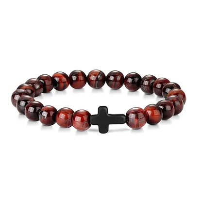 Men's Hematite Cross Bracelet with Natural Stone and Wood Beads for Meditation and Yoga Wine Red Tiger eye