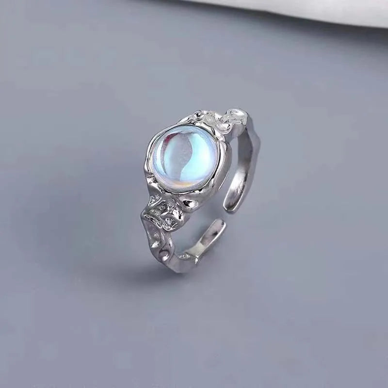 Hip Hop Blue Zircon Curved Matte Metal Ring for Women Retro Fashion Jewelry