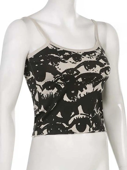 Gothic Portrait Print Tee Y2K Crop Top With White Suspenders