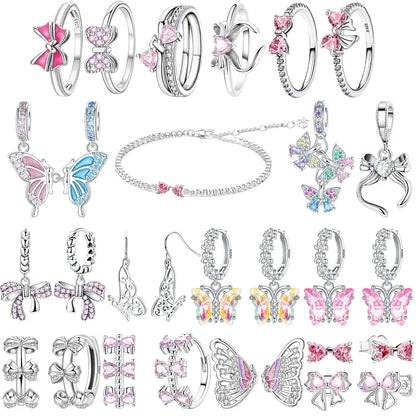 925 Sterling Silver Colorful Butterfly Heart Charms for Women DIY Jewelry Pendants Rings Earrings Bracelets