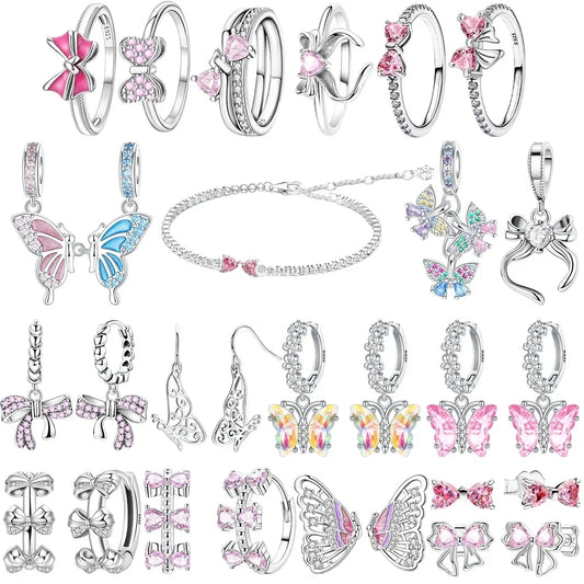 925 Sterling Silver Colorful Butterfly Heart Charms for Women DIY Jewelry Pendants Rings Earrings Bracelets