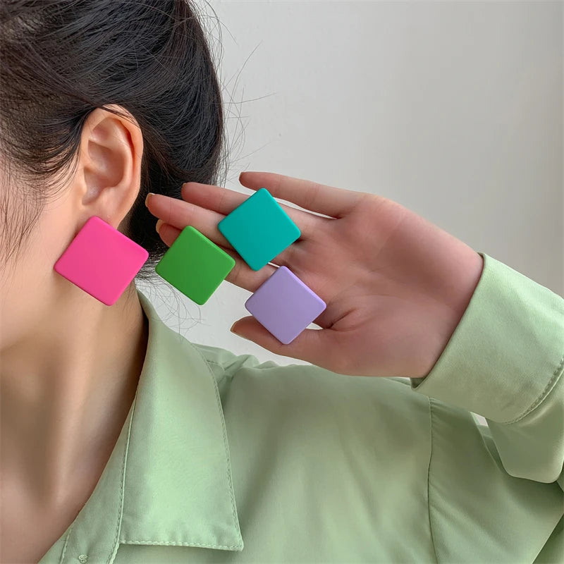 S925 Colorful Square Earrings Frosted Geometric Candy Design Acrylic Fashion Jewelry for Women