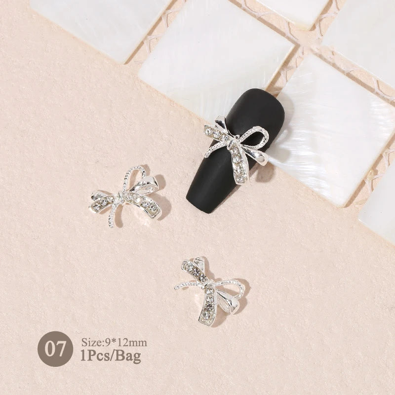 Elegant Gold Silver Metal Bowknot Nail Charm 3D Rhinestone Decor for DIY Manicure Art