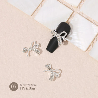 Elegant Gold Silver Metal Bowknot Nail Charm 3D Rhinestone Decor for DIY Manicure Art