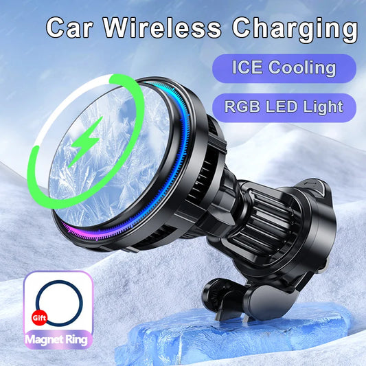 15W Ice Cooling Magnetic Wireless Car Charger for iPhone 16 15 14 13 12 Pro Max MagSafe Fast Charging Station