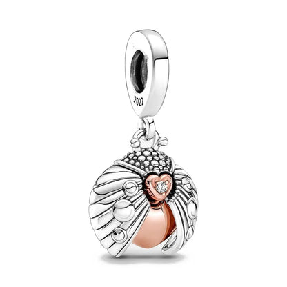 925 Silver Heart-Shaped Beads with Lotus and Bird Pendant for European Bracelet DIY Exquisite Jewelry
