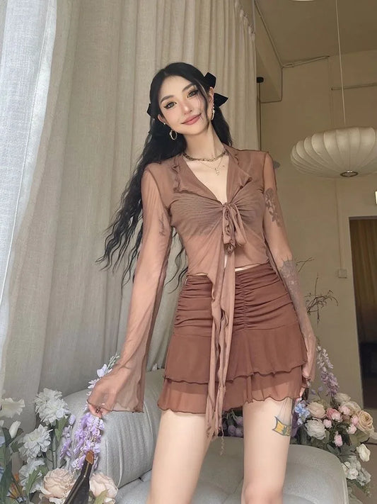 Long Flare Sleeve Lace Up Mesh Blouse Korean Fashion Chic