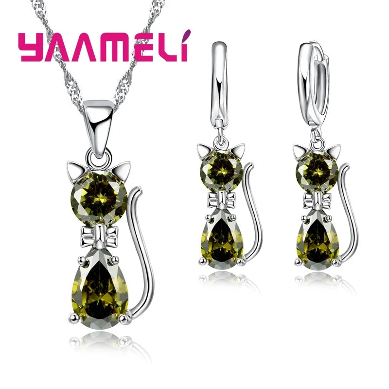 Elegant 925 Sterling Silver Cat Pendant Necklace and Earrings Set with Austrian Crystals for Women