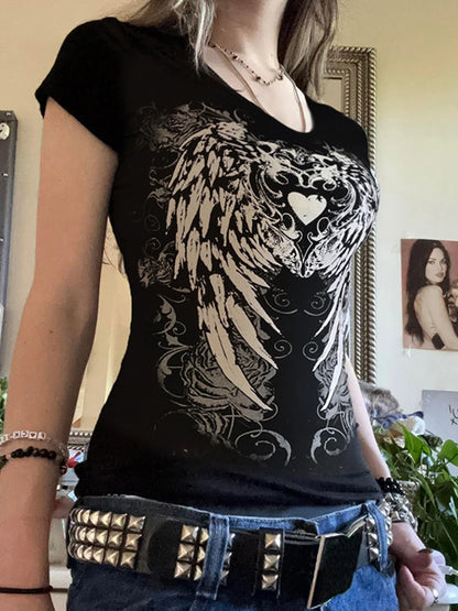 Casual Dark Printed T Shirt Basic Slim O-Neck Short Sleeve Tees Women 2025 Summer Fashion Streetwear Grunge Fairycore