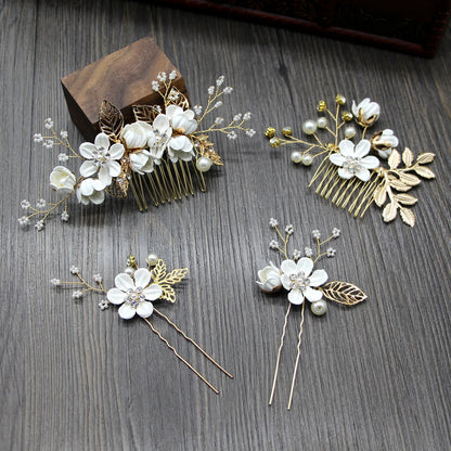 Elegant Bridal Pearl Hair Accessories Set – Floral Tiara, Barrette, and Combs for Wedding Elegance