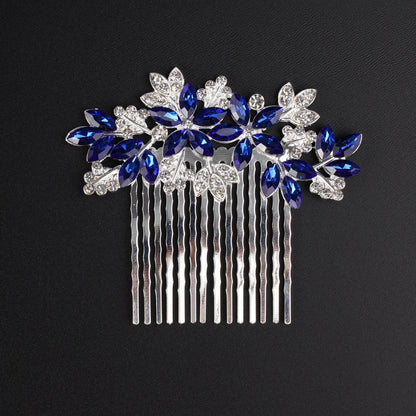 Elegant Bridal Silver Blue Rhinestone Flower Leaf Hair Comb for Weddings and Special Occasions
