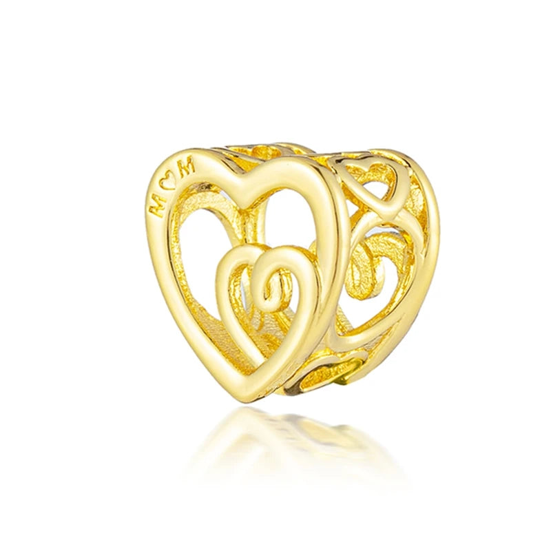 Golden Dragon Double Heart Dangle Charm Bead For 925 Bracelet