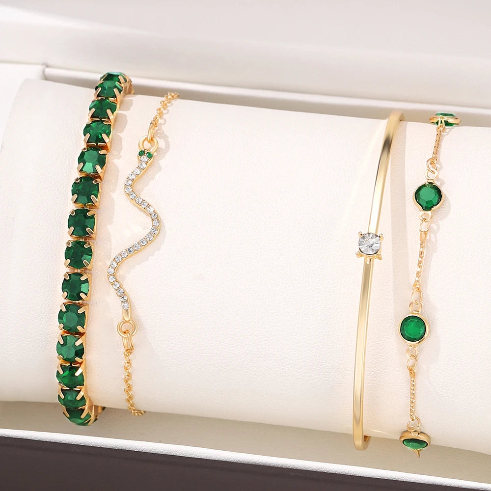 4-Piece Retro Green Diamond Bracelet Set - Versatile Fashion Accessory H477