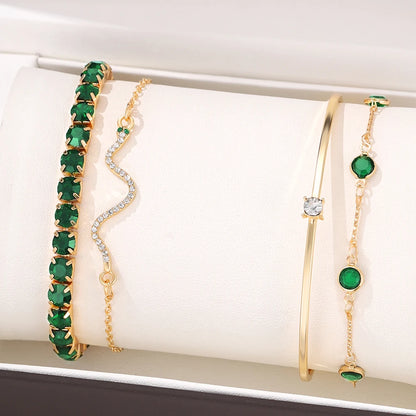 4-Piece Retro Green Diamond Bracelet Set - Versatile Fashion Accessory H477