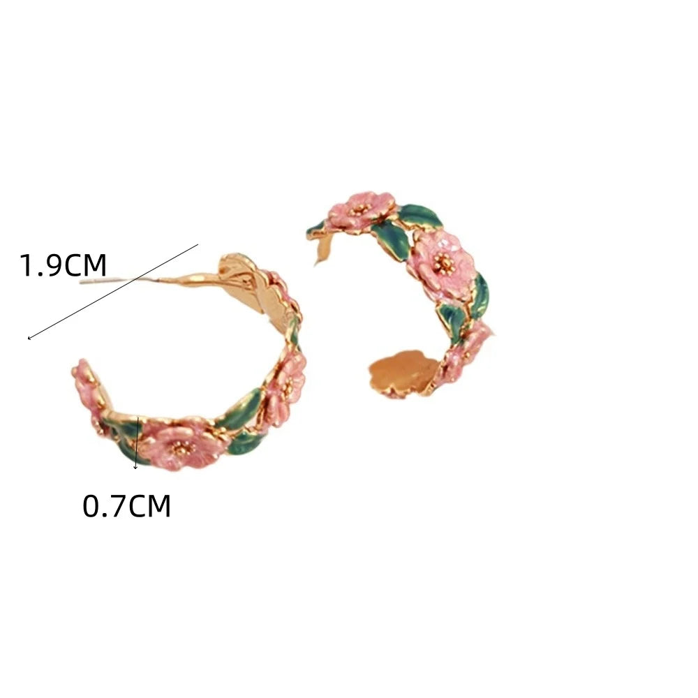 Rose Branch C-Shaped Drop Earrings for Women Romantic French Glaze Jewelry