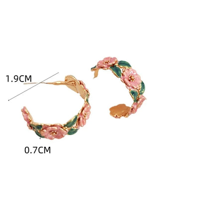 Rose Branch C-Shaped Drop Earrings for Women Romantic French Glaze Jewelry