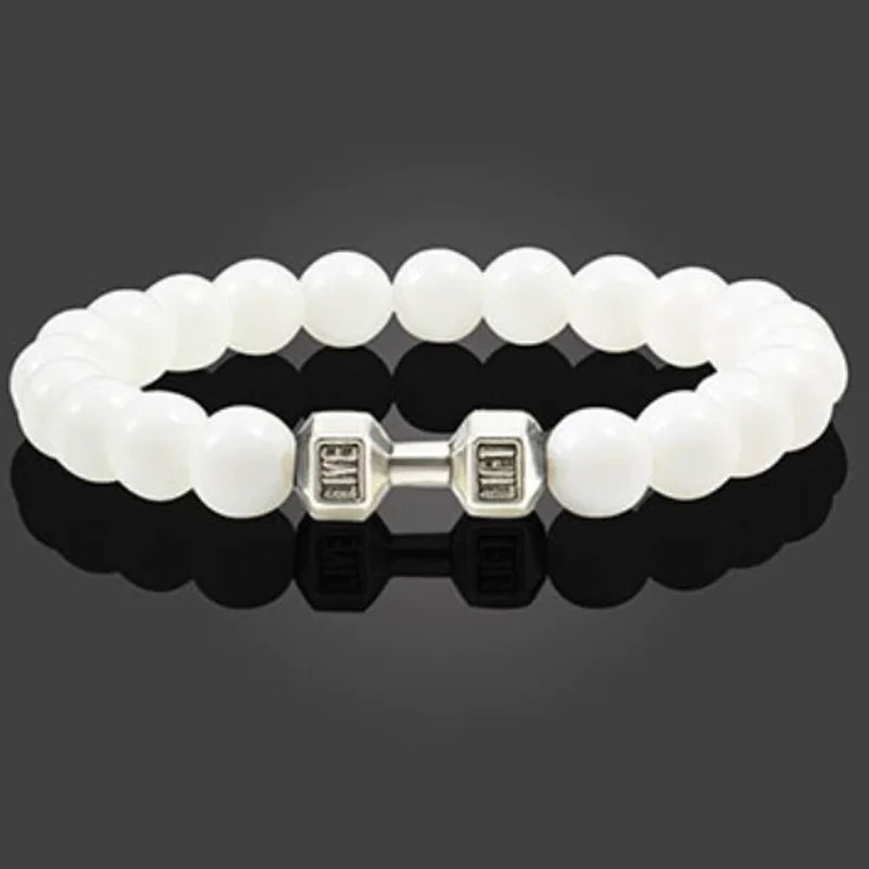 Vintage Men's Natural Stone Bead Bracelet With Dumbbell Pendant beige silver