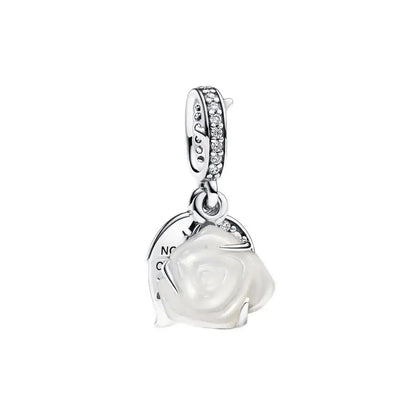925 Sterling Silver Rose Sakura Flower Dangle Charm with Zircon for DIY Jewelry and Bracelets