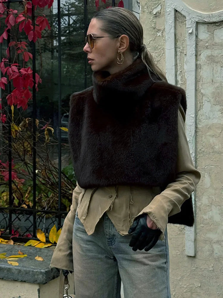 Solid Color Half Turtleneck Furry Sleeveless Patchwork Top