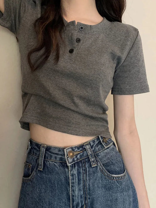 Women Open Button Crop Tee Shirt V Neck Short Sleeve