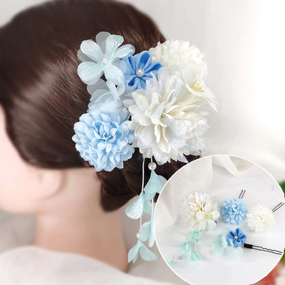 Japanese Handmade Fabric Flower Kimono Hairpin with Tassel for Weddings and Festivals