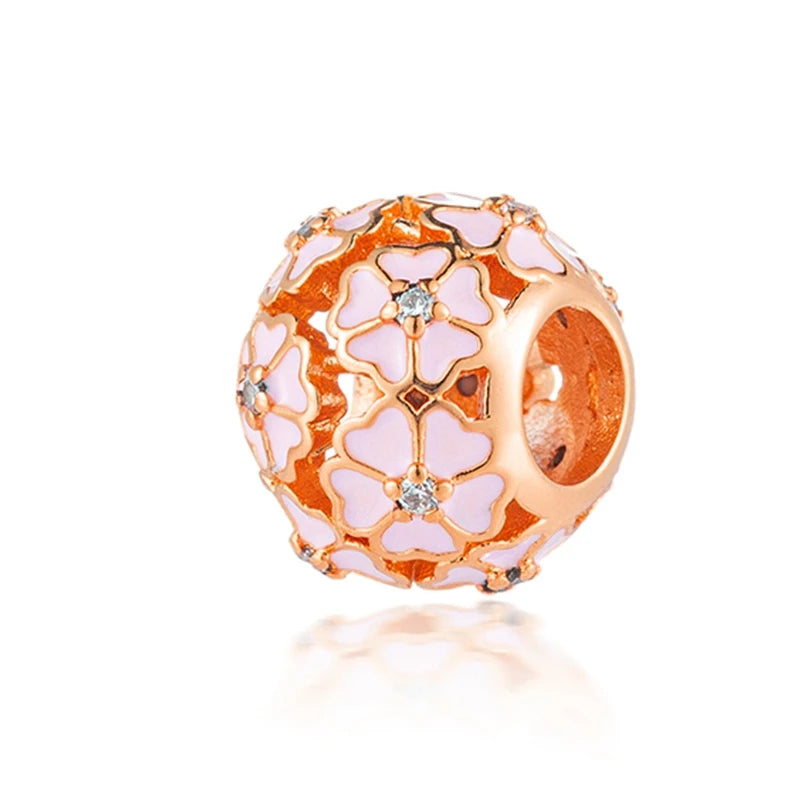 Rose Gold Winged Angel Heart Charm Bead Pink Daisy Spacer