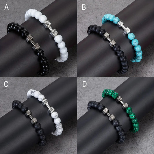 Men's Fashion Dumbbell Charm Stone Bracelets Set - 4 Unique Styles
