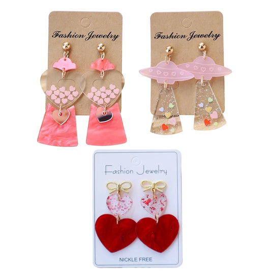 Valentine's Day Pink Heart UFO Gashapon Earrings for Women - Cute Acrylic Drop Spaceship Jewelry Gift