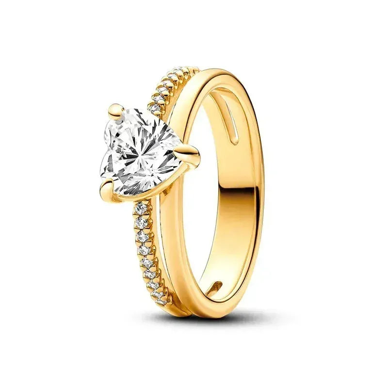 Elegant Gold-Tone 925 Sterling Silver Crown Heart Ring with Zircon for Women Red