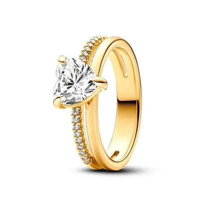 Elegant Gold-Tone 925 Sterling Silver Crown Heart Ring with Zircon for Women Red