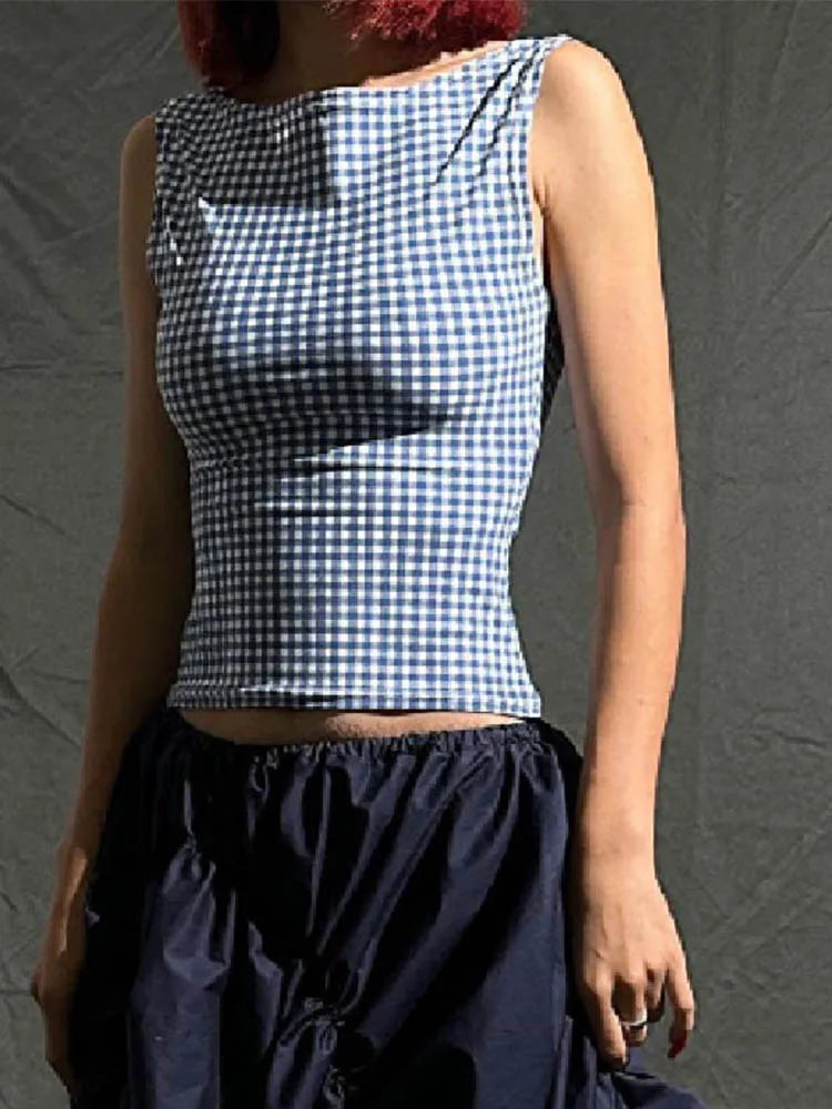 Korean Backless Plaid Croptop Bow Tie Sleeveless Streetwear