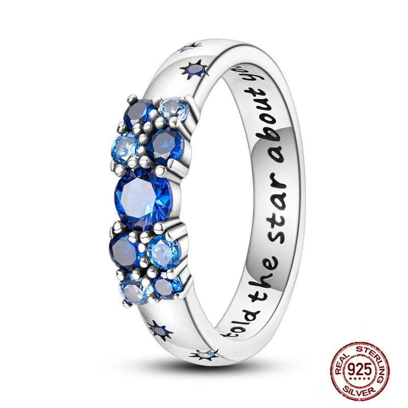 Hot Blue Zircon Ring for Women in 925 Sterling Silver Sparkling Star and Moon Design Elegant Wedding Jewelry LLTR115
