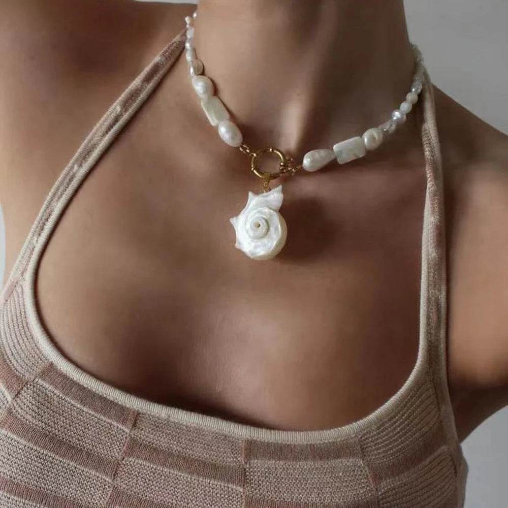 Elegant Freshwater Pearl Conch Necklace for Women - Unique Vacation Jewelry with Stainless Steel Chain